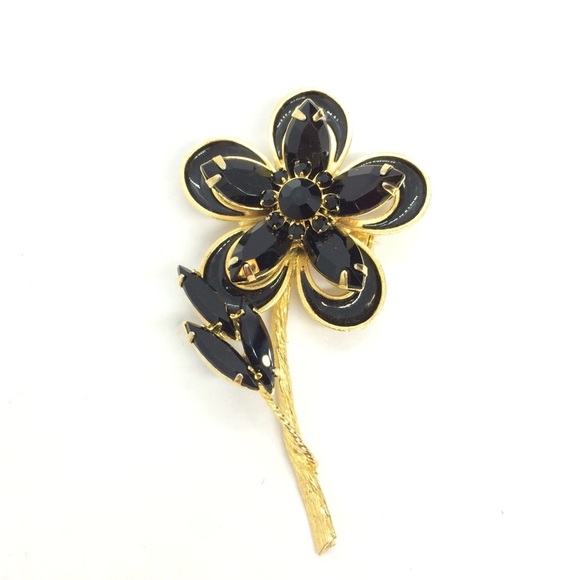 !!SOLD!! VINTAGE BLACK RHINESTONE FLOWER BROOCH PIN GOLD TONE - Picture 7 of 17